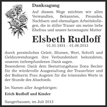 Traueranzeige von Elsbeth Rudloff von Super Sonntag SGH Mansf. Land
