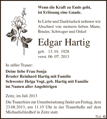 Traueranzeige von Edgar Hartig von Super Sonntag Zeitz