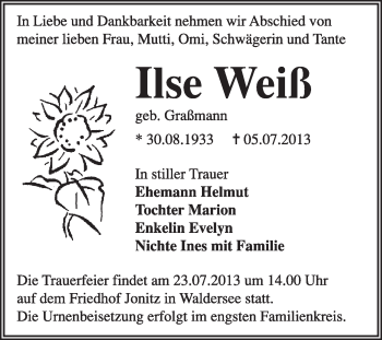 Traueranzeige von Ilse Weiß von Super Sonntag Dessau / Köthen