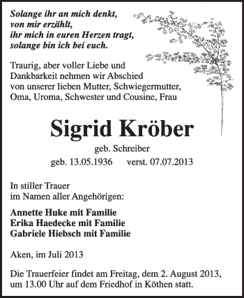 Traueranzeige von Sigrid Kröber von Super Sonntag Dessau / Köthen