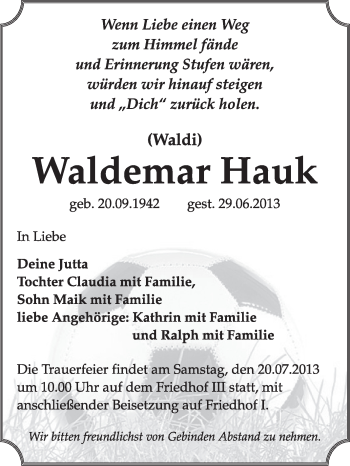 Traueranzeige von Waldemar Hauk von Super Sonntag Dessau / Köthen