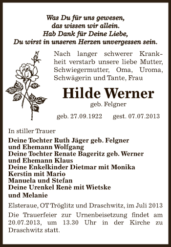 Traueranzeige von Hilde Werner von Super Sonntag Zeitz