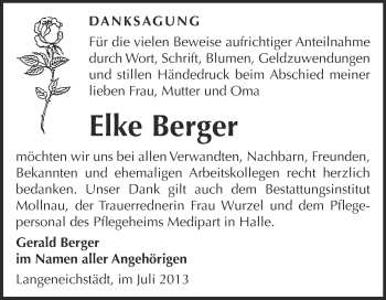 Traueranzeige von Elke Berger von Super Sonntag Merseburg