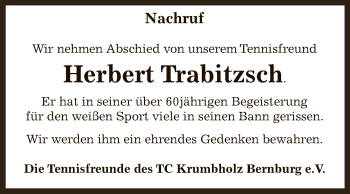 Traueranzeige von Herbert Trabitzsch von Super Sonntag Bernburg