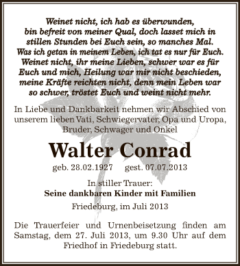 Traueranzeige von Walter Conrad von Wochenspiegel Mansfelder Land