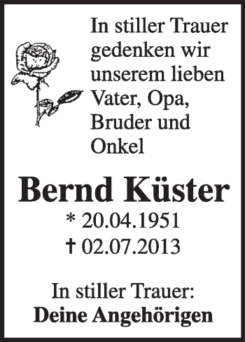 Traueranzeige von Bernd Küster von Super Sonntag Dessau / Köthen