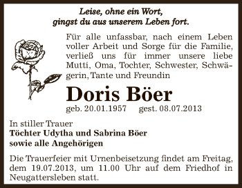 Traueranzeige von Doris Böer von Super Sonntag Bernburg