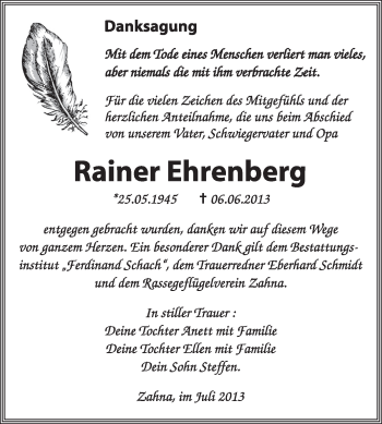 Traueranzeige von Rainer Ehrenberg von WVG - Wochenspiegel Wittenberg