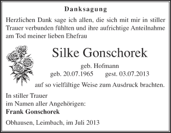 Traueranzeige von Silke Gonschorek von WVG - Wochenspiegel Merseburg