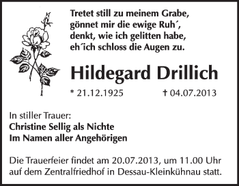 Traueranzeige von Hildegard Drillich von Super Sonntag Dessau / Köthen