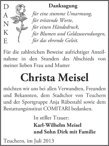 Traueranzeige von Christa Meisel von WVG - Wochenspiegel NMB / WSF / ZTZ