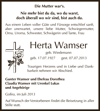 Traueranzeige von Herta Wamser von Super Sonntag Zeitz
