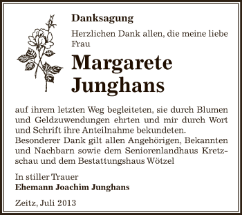 Traueranzeige von Margarete Junghans von Super Sonntag Zeitz