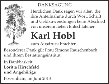 Traueranzeige von Karl Hobl von WVG - Wochenspiegel NMB / WSF / ZTZ