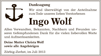 Traueranzeige von Ingo Wolf von WVG - Wochenspiegel Bitterfeld