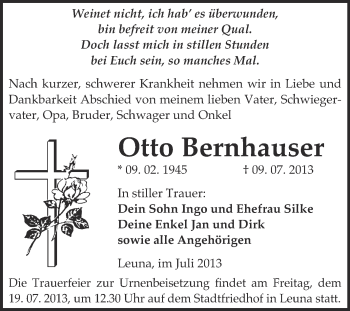 Traueranzeige von Otto Bernhauser von Super Sonntag Merseburg