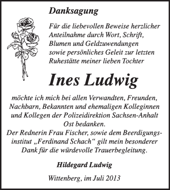 Traueranzeige von Ines Ludwig von WVG - Wochenspiegel Wittenberg