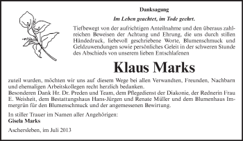 Traueranzeige von Klaus Marks von Super Sonntag Aschersleben