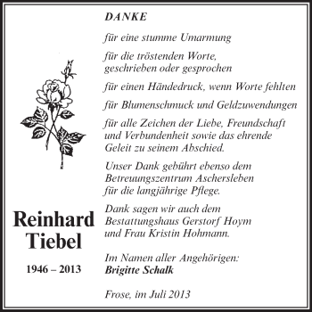 Traueranzeige von Reinhard Tiebel von Super Sonntag Aschersleben