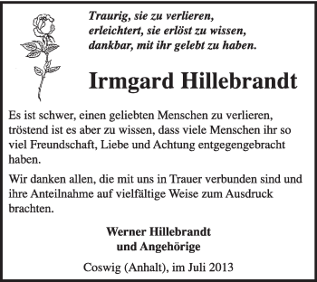 Traueranzeige von Irmgard Hillebrandt von Super Sonntag Wittenberg