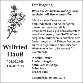 Traueranzeige von Wilfried Hauß von WVG - Wochenspiegel Wittenberg