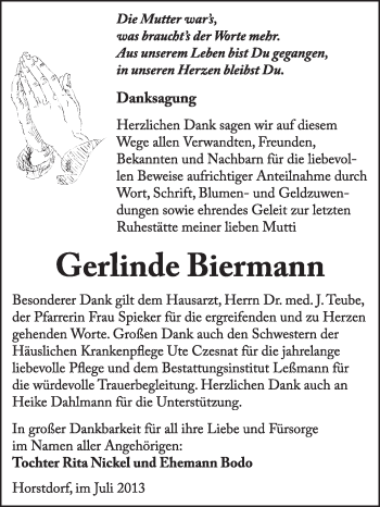 Traueranzeige von Gerlinde Biermann von WVG - Wochenspiegel Wittenberg