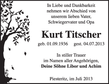 Traueranzeige von Kurt Titscher von Super Sonntag Wittenberg