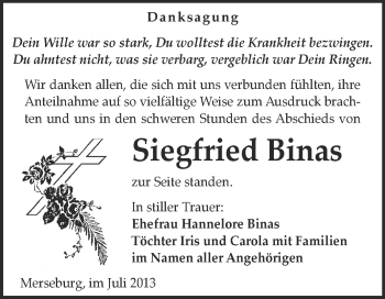 Traueranzeige von Siegfried Binas von WVG - Wochenspiegel Merseburg