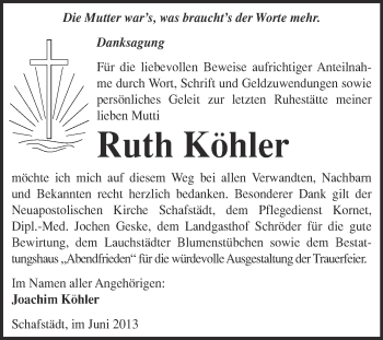 Traueranzeige von Ruth Köhler von WVG - Wochenspiegel Merseburg