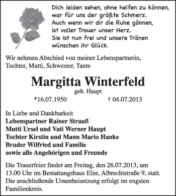 Traueranzeige von Margitta Winterfeld von Super Sonntag Dessau / Köthen