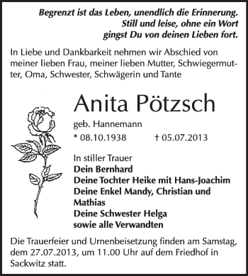 Traueranzeige von Anita Pötzsch von WVG - Wochenspiegel Wittenberg
