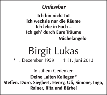 Traueranzeige von Birgit Lukas von Super Sonntag Wittenberg