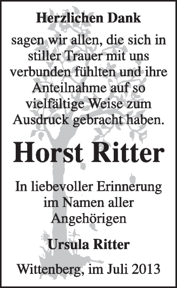 Traueranzeige von Horst Ritter von Super Sonntag Wittenberg