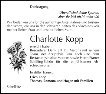 Traueranzeige von Charlotte Kopp von WVG - Wochenspiegel NMB / WSF / ZTZ