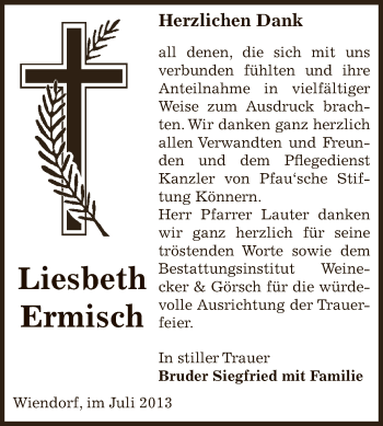 Traueranzeige von Liesbeth Ermisch von Super Sonntag Bernburg