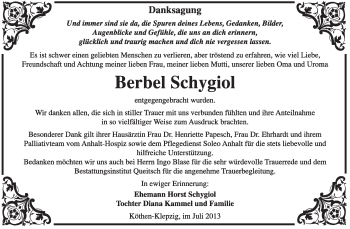 Traueranzeige von Berbel Schygiol von Super Sonntag Dessau / Köthen