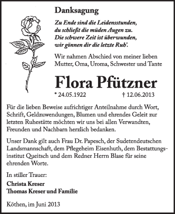 Traueranzeige von Flora Pfützner von Super Sonntag Dessau / Köthen