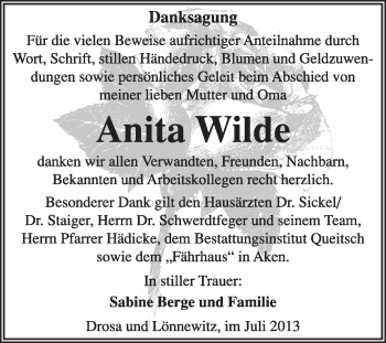 Traueranzeige von Anita Wilde von Super Sonntag Dessau / Köthen