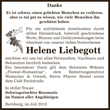Traueranzeige von Helene Liebegott von Super Sonntag Bernburg