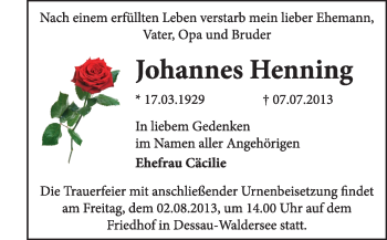 Traueranzeige von Johannes Henning von Super Sonntag Dessau / Köthen