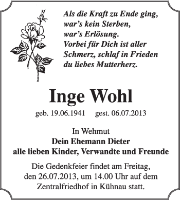 Traueranzeige von Inge Wohl von Super Sonntag Dessau / Köthen