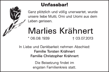 Traueranzeige von Marlies Krähnert von Super Sonntag Dessau / Köthen