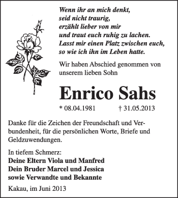 Traueranzeige von Enrico Sahs von WVG - Wochenspiegel Wittenberg