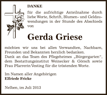 Traueranzeige von Gerda Griese von Super Sonntag Bernburg