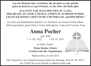 Traueranzeige von Anna Pocher von WVG - Wochenspiegel NMB / WSF / ZTZ