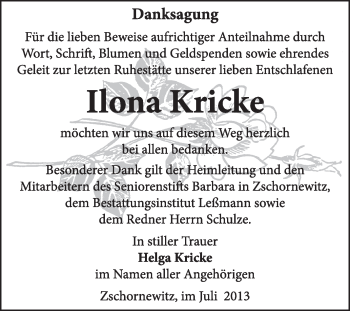 Traueranzeige von Ilona Kricke von Super Sonntag Wittenberg