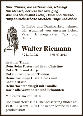 Traueranzeige von Walter Riemann von Super Sonntag Zeitz