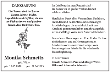 Traueranzeige von Monika Schmeitz von Super Sonntag Dessau / Köthen