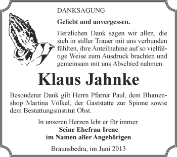 Traueranzeige von Klaus Jahnke von Super Sonntag Merseburg