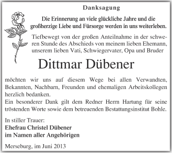 Traueranzeige von Dittmar Dübener von Super Sonntag Merseburg